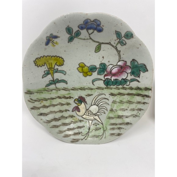 Antique Handmade Handpainted Earthenware China Rooster Set of Bowls Plates 7” - Picture 3 of 7